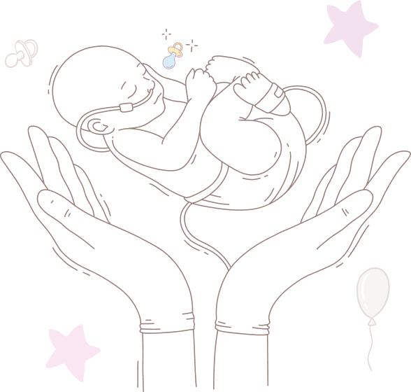 Two caring hands cradling a baby, symbolizing neonatal care and protection.