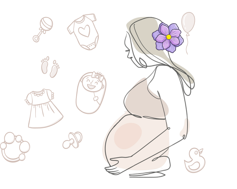 Illustration of a pregnant woman holding her belly, surrounded by pastel baby-related icons.